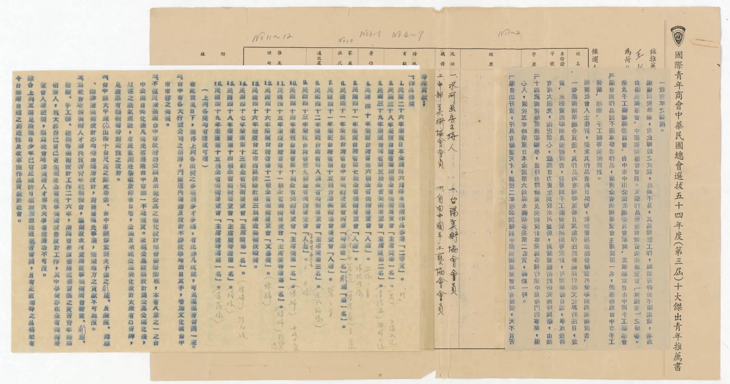 國際青年商會中華民國總會_54年度（第三屆）十大傑出青年推薦書_推薦人台中市長張啟仲